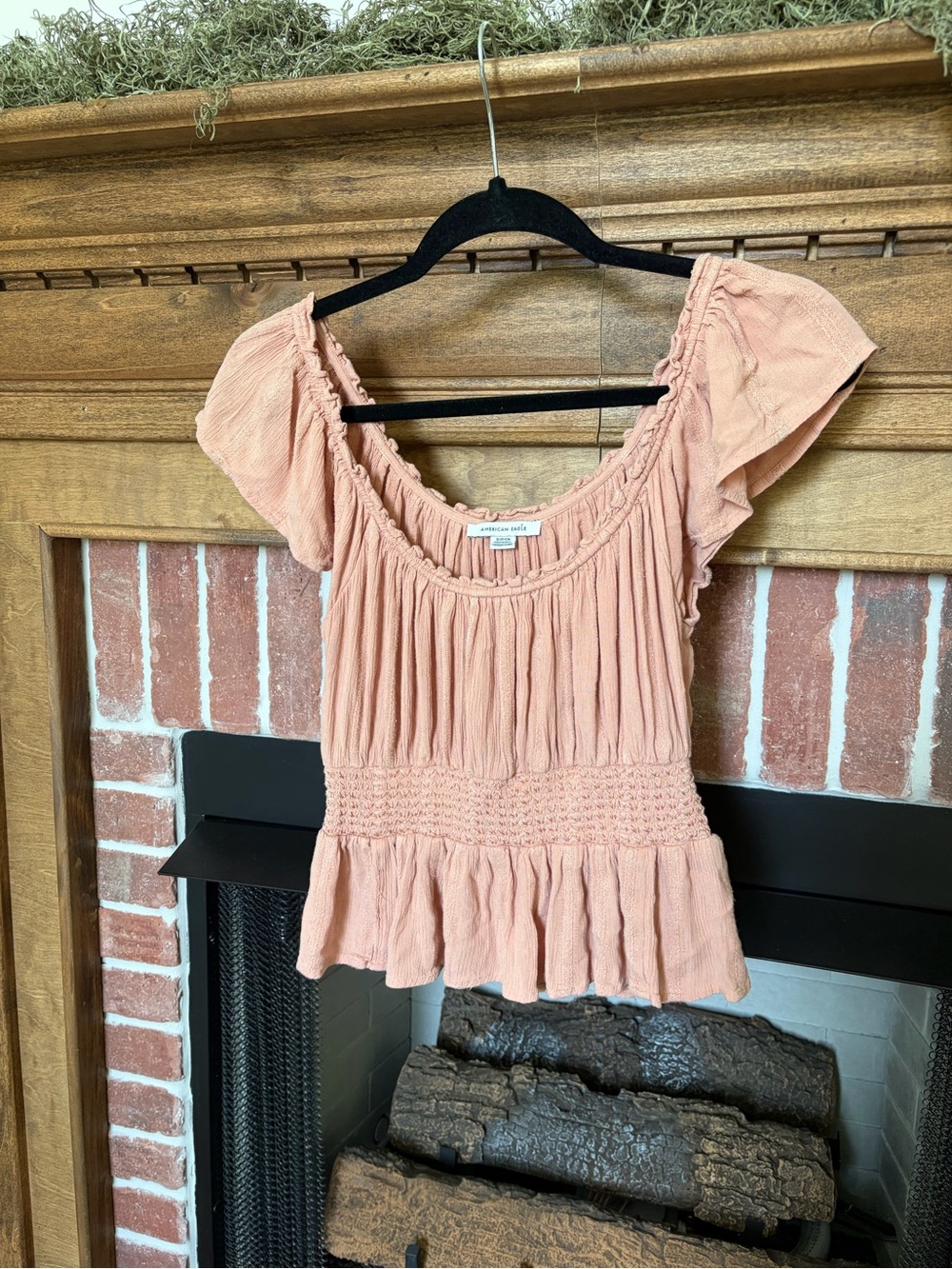 American Eagle Outfitters Peach Smocked Ruffle Sleeve Top